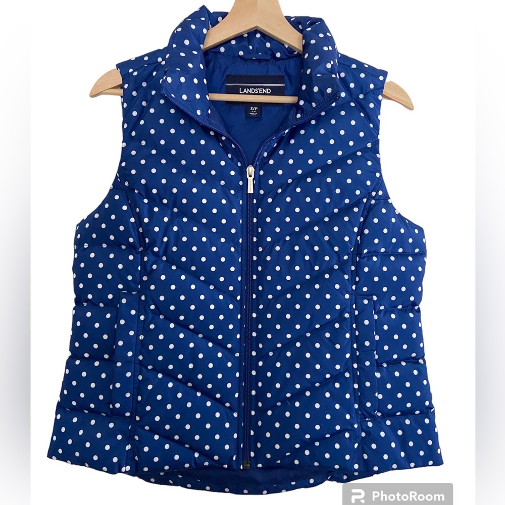 Lands End Down Puffer Vest Blue Polka Dot Full Zip Pockets Gorpcore Outdoor SP